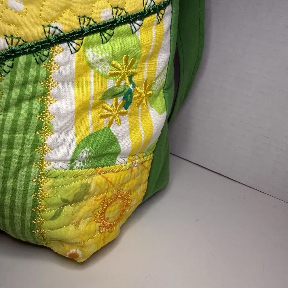 Handmade Quilted Lemon Patchwork Tote Bag Cottagecore Farmer Market Shoulder Bag